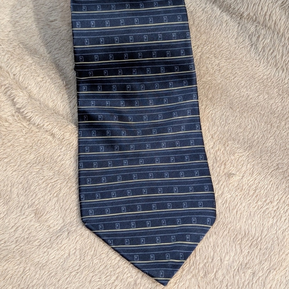 RBM Necktie Silk Geometric Square Stripe OS Navy Blue Gold Made in USA Italy SEO